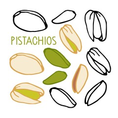 Pistachios. Hand drawn vector nut. Doodle Linear sketch. Organic, fresh cooking, healthy diet ingredient. Organic product sketch. Pistachios Icon set. For label template, packaging, farm market emblem