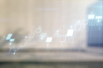 Double exposure of virtual creative financial diagram on contemporary business center exterior background, banking and accounting concept