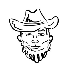 A man with a beard and mustache with a cowboy hat. Simple sketch of a farmer, hipster, cowboy.