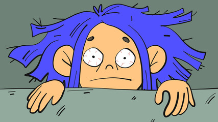 Stressed girls potrait, illustration in cartoon style. Psychological help, sleep deprivation concepts