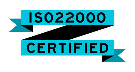 Vintage blue color ribbon banner with word ISO22000 certified on white background