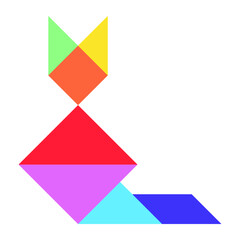 Color tangram puzzle in cat shape on white background
