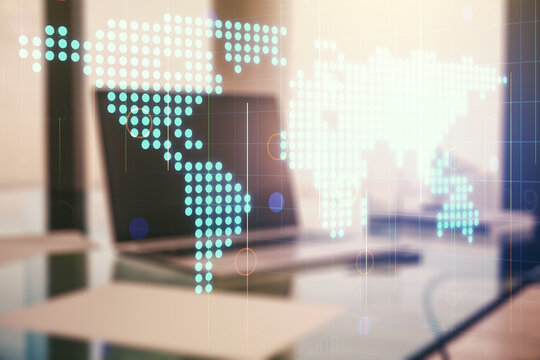 Multi exposure of abstract graphic world map on modern computer background, big data and networking concept