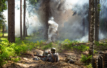 Finnish soldiers in World War II uniforms are fighting from a trench, with a shell explosion in the background.