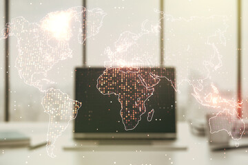 Multi exposure of abstract graphic world map on modern computer background, big data and networking concept concept