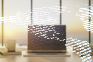 Digital America map on modern laptop background, international trading concept. Multiexposure