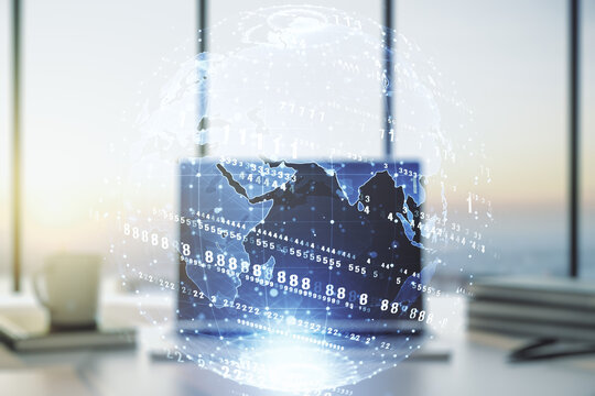 Abstract creative coding concept with world map on modern laptop background. Multiexposure