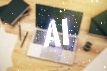 Creative artificial Intelligence symbol concept with modern laptop on background. Multiexposure