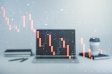 Creative abstract economic crisis chart with world map hologram on modern computer background, bankruptcy and recession concept. Multiexposure