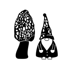 Cute cartoon gnome and mushroom. Funny elf. Black and white objects isolated on white background. Vector illustration.