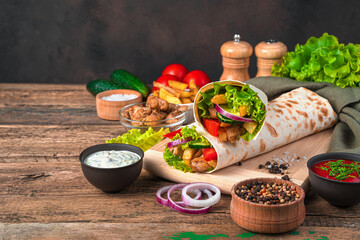 Chicken shawarma with French fries, vegetables, onions and lettuce on a brown background.