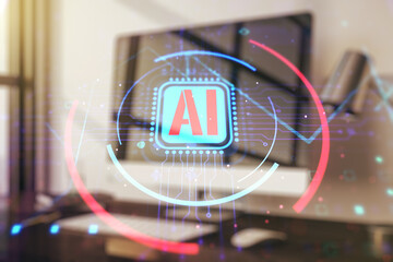 Double exposure of creative artificial Intelligence abbreviation with computer on background....