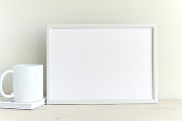 White empty horizontal frame mockup for wall art on white shelf, minimal clean interior, blank...