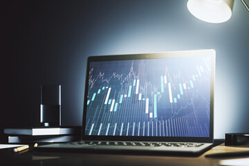 Modern computer display with abstract financial graph, financial and trading concept. 3D Rendering