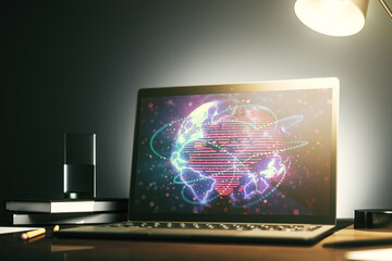 Abstract digital world map with connections on modern computer monitor, big data and blockchain concept. 3D Rendering