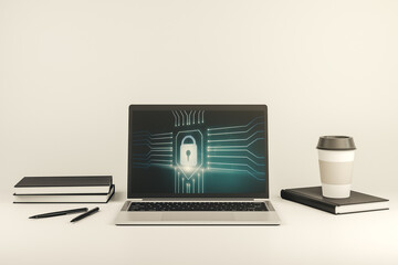 Creative idea concept with lock symbol and microcircuit illustration on modern laptop screen. Protection and firewall concept. 3D Rendering