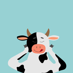 Funny cow with closed eyes. Cute cow dreaming. Cartoon character