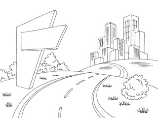 Road billboard graphic black white city landscape sketch illustration vector 