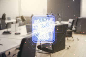 Double exposure of virtual creative fingerprint hologram on modern corporate office background, research and development concept