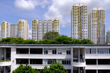 Old vs new general public housing in Tiong Bahru heartland estate, a contrast in cityscape. The art deco inspired architecture of old apartments are very popular and the property highly sought after. - obrazy, fototapety, plakaty