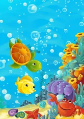 Foto op Plexiglas cartoon oceaanscène koraalrif bos dieren duiken © honeyflavour