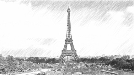 View of the streets of Paris and the Eiffel Tower. Sketch illustration.
