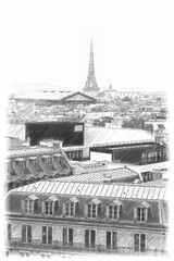 View of the streets of Paris and the Eiffel Tower. Sketch illustration. - 432844736