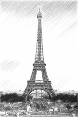 Fototapeta na wymiar View of the streets of Paris and the Eiffel Tower. Sketch illustration.