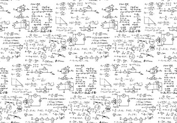 Physics, electronic engineering, mathematics equation, scheme and calculations, endless hand writing. Vector whiteboard. Technology seamless pattern.