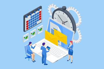 Isometric time management concept. Planning training activities schedule checkpoints. Event management, business management, e-commerce, time management.