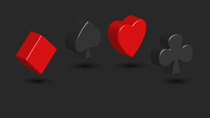 Suits of playing cards 3d creative shapes on a dark background, spades, diamonds, hearts, cross symbols of casino gambling blackjack or poker.