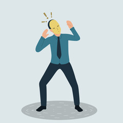 Vector illustration of a frightened businessman with a theatrical mask on his face. The mysterious man hides his identity under a mask. Fear of being exposed.