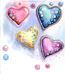 Fototapeta premium Heart-shaped gingerbread cookies in mother-of-pearl glaze with decoration