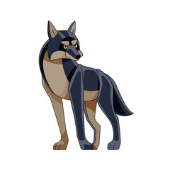 Black Wolf Leader is watching. Cartoon character of a dangerous mammal animal. A wild forest creature with dark fur. Side view. Vector flat illustration isolated on a white background