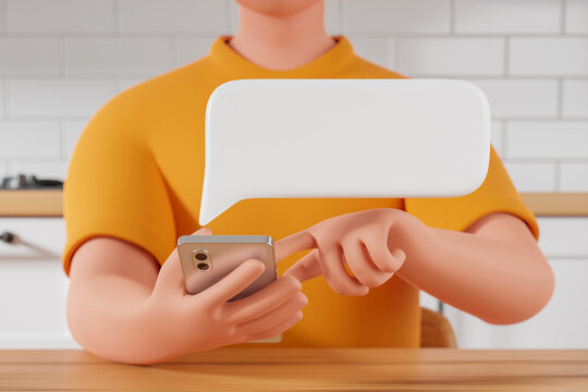 Close up view at smartphone with white text bubble on the kitchen. Social network and messenger conversation chat concept.