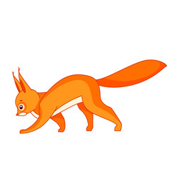 Cute red squirrel walking. Cartoon character of a small mammal animal. A wild forest creature with red, orange fur. Side view. Vector in flat style illustration isolated on a white background
