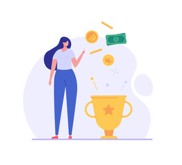 Woman getting award and bonus money. Happy business woman receiving reward and standing near winner cup. Concept of money bonus, reward program, cash back. Vector illustration in flat design.