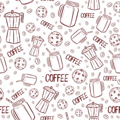 Seamless pattern with cafeteria brown elements. Repetitive background with coffee beans, beverage, cold frappe and chocolate chip cookies. Vector illustration for restaurants and shops.