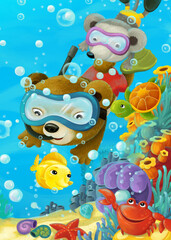 cartoon ocean scene coral reef forest animals diving