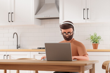 Cartoon character man in headphones watching video master class at home kitchen with laptop. Quarantine pandemic and online distance work concept.