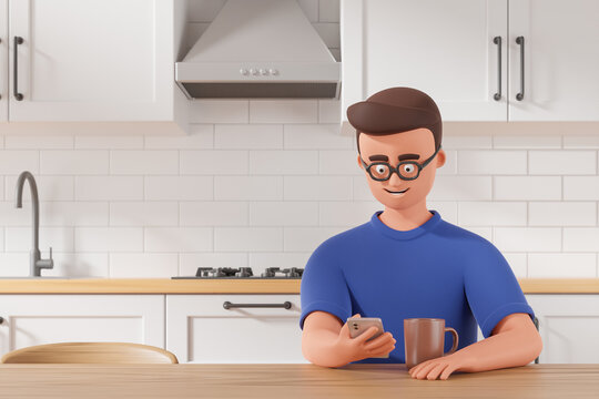 Handsome cartoon character man in glasses watching social network news on smartphone at cozy kitchen after breakfast.