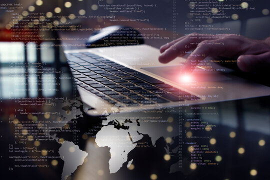 finger on laptop programming web coding front-end web developing. mix media background
