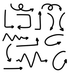 Arrows are of different shapes. Abstract symbol for direction and path indication. Set of Sketch doodle. Turn and return.