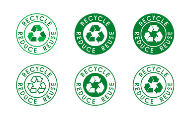 Reduce, reuse, recycle sign set. Ecology, zero waste, sustainability, conscious consumerism, renew, concept. Six different green recycle, reduce, reuse logos. Vector illustration, flat style, clip art - obrazy, fototapety, plakaty