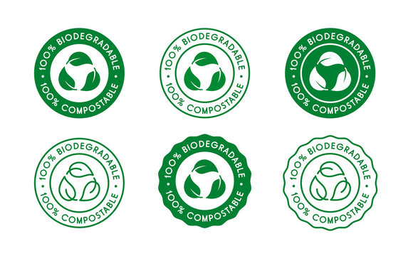 100% Biodegradable, 100% compostable icon, sign, logo set. Six green recycling leaves symbols on white background. Zero waste, eco friendly, sustainability concept.Vector illustration, flat, clip art.