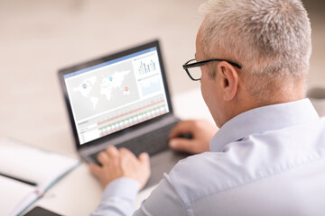 Fototapeta na wymiar Senior businessman using laptop, checking stock analysis software