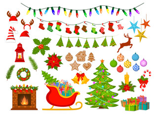 Merry Christmas and Happy New Year, seasonal, winter xmas decoration items objects elements  design set collection including christmas tree, santa sleigh with presents, fireplace with wreaths