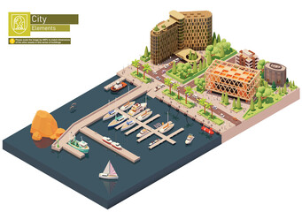 Vector isometric marina, sailboats and yacht harbor. City street, buildings and seaport. Docked or moored yachts, boats and speedboats near hotel building