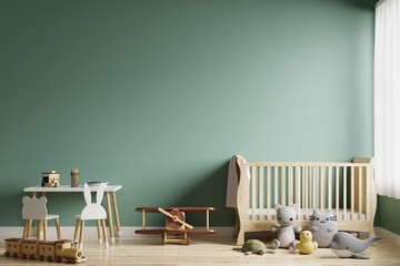 Children's room with a green wall is blank. There was a newborn bed beside the window, decorated with toys and dolls on the wooden floor.3d rendering.