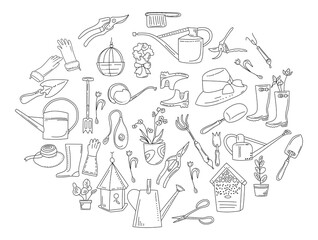 Gardening equipment and tools in doodle style. Hand drawn set for planting and seedling.Eco hobby.Illustration with pruner, watering can, clothes, trowel.Grow and cultivate flowers.Bee and bird houses